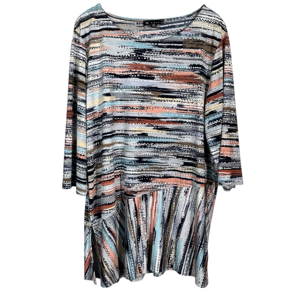 N Touch Multicolored Stretch No-Iron Asymmetrical Hem 3/4 Sleeve Top XL Mature